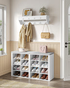 Hzuaneri Wardrobe with Bench, Shoe Bench with Seat, Entrance Bench, Wall-Mounted Wardrobe with 9 Hooks, 16 Compartments, for Living Room, Hallway, 30 x 104 x 59 cm, White-Grey, HT56603GY