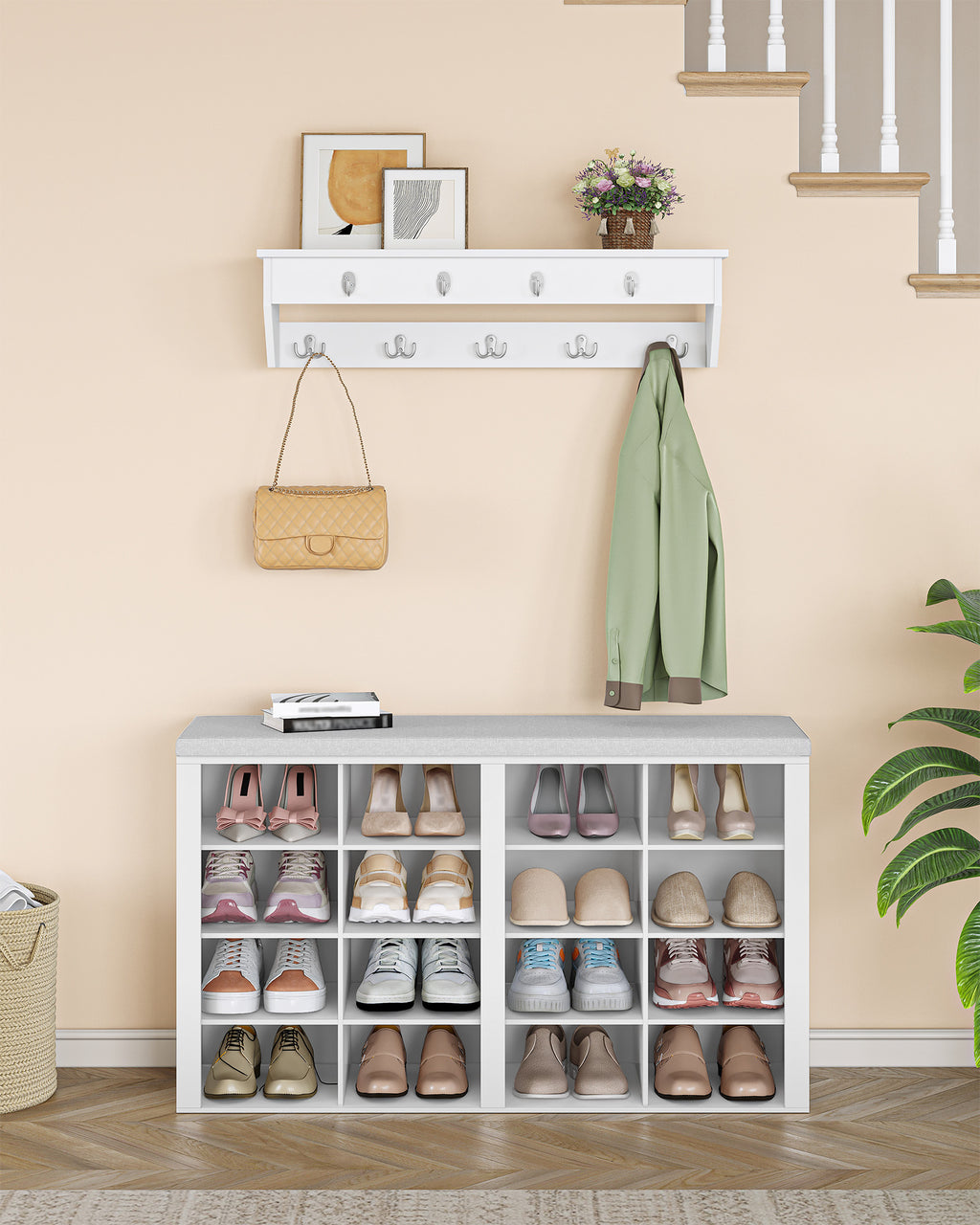 Hzuaneri Wardrobe with Bench, Shoe Bench with Seat, Entrance Bench, Wall-Mounted Wardrobe with 9 Hooks, 16 Compartments, for Living Room, Hallway, 30 x 104 x 59 cm, White-Grey, HT56603GY