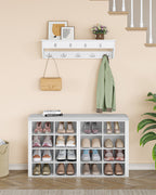 Hzuaneri Wardrobe with Bench, Shoe Bench with Seat, Entrance Bench, Wall-Mounted Wardrobe with 9 Hooks, 16 Compartments, for Living Room, Hallway, 30 x 104 x 59 cm, White-Grey, HT56603GY