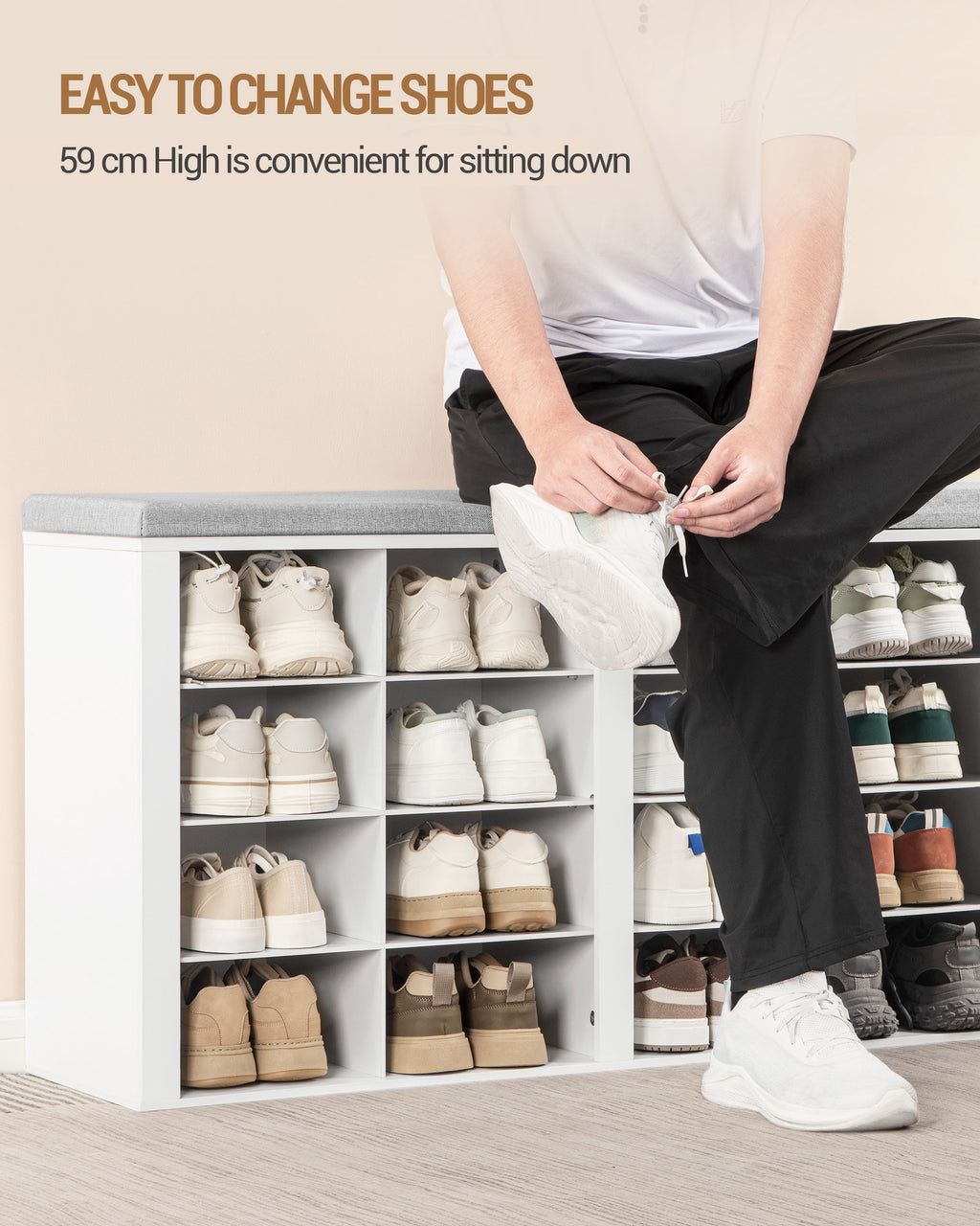 Hzuaneri Wardrobe with Bench, Shoe Bench with Seat, Entrance Bench, Wall-Mounted Wardrobe with 9 Hooks, 16 Compartments, for Living Room, Hallway, 30 x 104 x 59 cm, White-Grey, HT56603GY