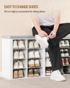 Hzuaneri Wardrobe with Bench, Shoe Bench with Seat, Entrance Bench, Wall-Mounted Wardrobe with 9 Hooks, 16 Compartments, for Living Room, Hallway, 30 x 104 x 59 cm, White-Grey, HT56603GY