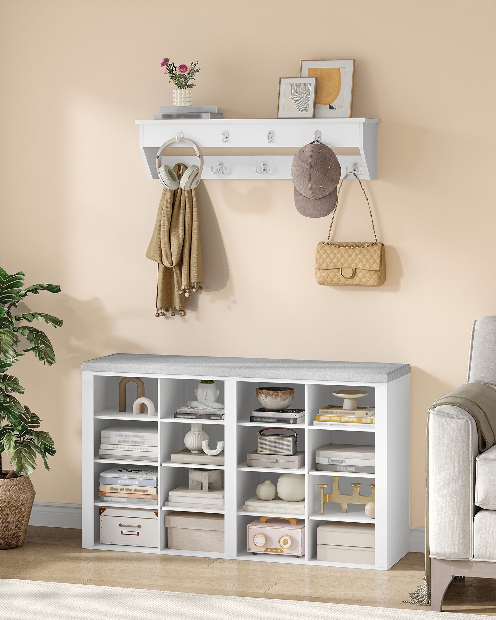 Hzuaneri Wardrobe with Bench, Shoe Bench with Seat, Entrance Bench, Wall-Mounted Wardrobe with 9 Hooks, 16 Compartments, for Living Room, Hallway, 30 x 104 x 59 cm, White-Grey, HT56603GY