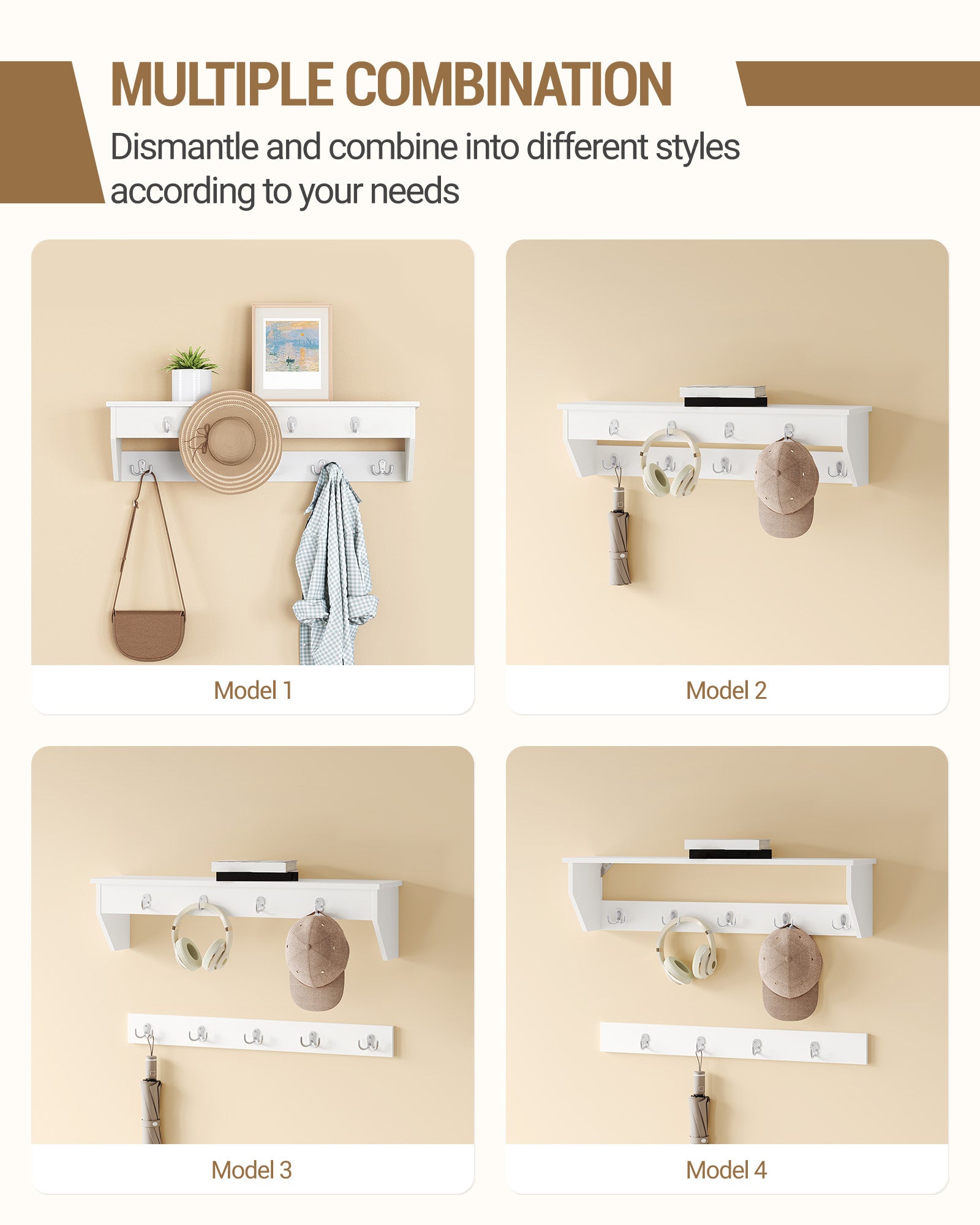 Hzuaneri Wardrobe with Bench, Shoe Bench with Seat, Entrance Bench, Wall-Mounted Wardrobe with 9 Hooks, 16 Compartments, for Living Room, Hallway, 30 x 104 x 59 cm, White-Grey, HT56603GY