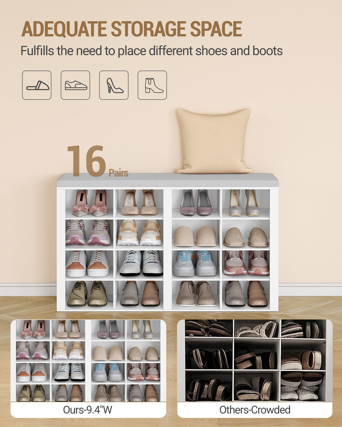 Hzuaneri Wardrobe with Bench, Shoe Bench with Seat, Entrance Bench, Wall-Mounted Wardrobe with 9 Hooks, 16 Compartments, for Living Room, Hallway, 30 x 104 x 59 cm, White-Grey, HT56603GY