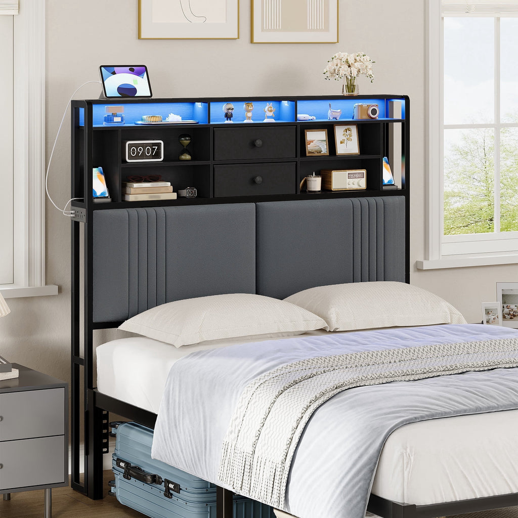 Headboard with 3-Tier Storage Shelves, Velvet Upholstered Headboard with Outlet, 2 USB Ports & LED Light, Headboards Full Size Bed with Two Fabric Drawers, Black and Dark Gray