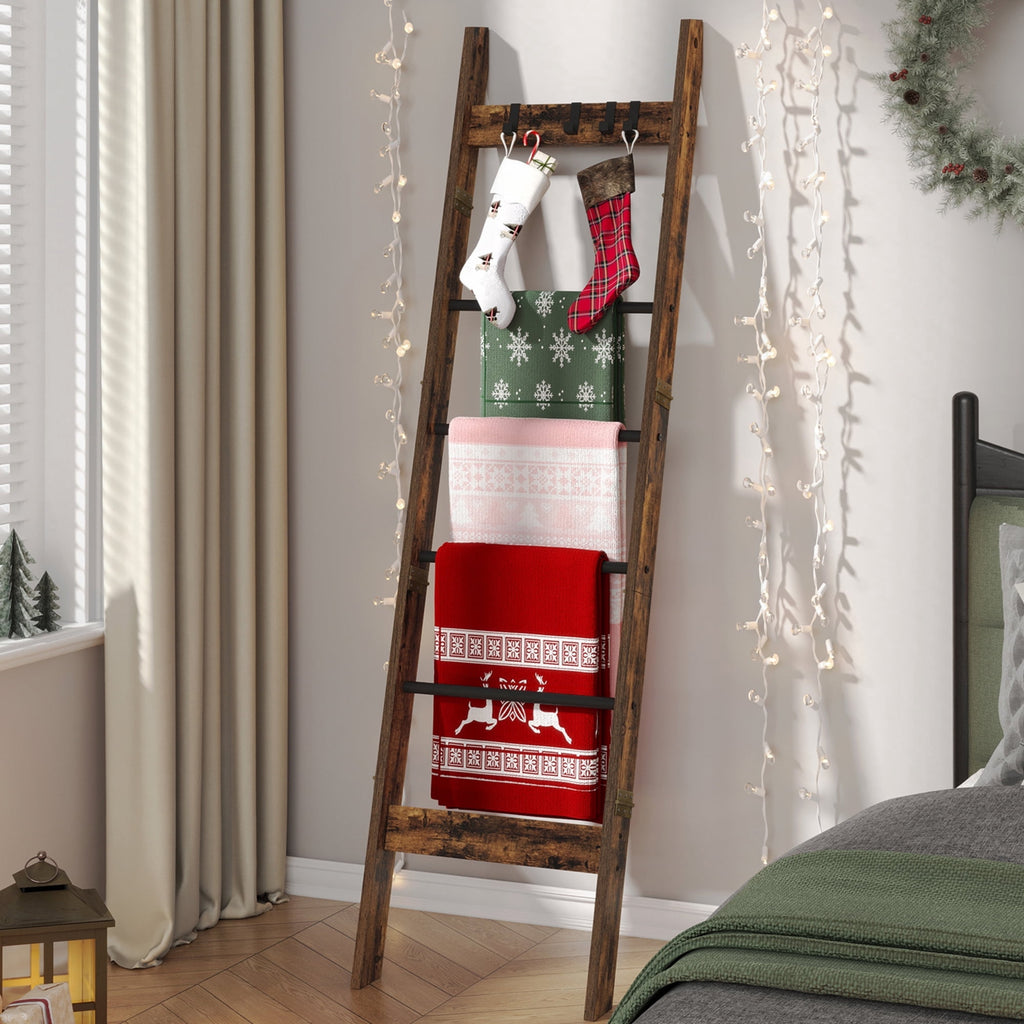 Hzuaneri 6-Tier Blanket Ladder with Hooks, 5.6Ft Wall Leaning Blanket Ladder, 4 Removable Hooks for Living Room, Bedroom Bathroom, Decorative Quilt Rack Easy to Assemble, Rustic Brown