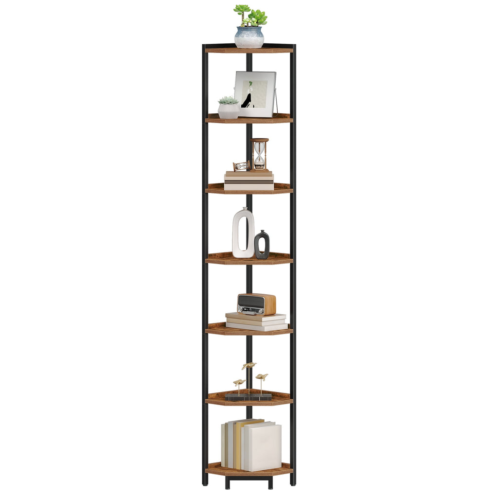Hzuaneri Corner Shelf Stand, 7‑Tier Corner Bookshelf, Storage Standing Shelf for Living Room Bedroom Home Office, Rustic Brown