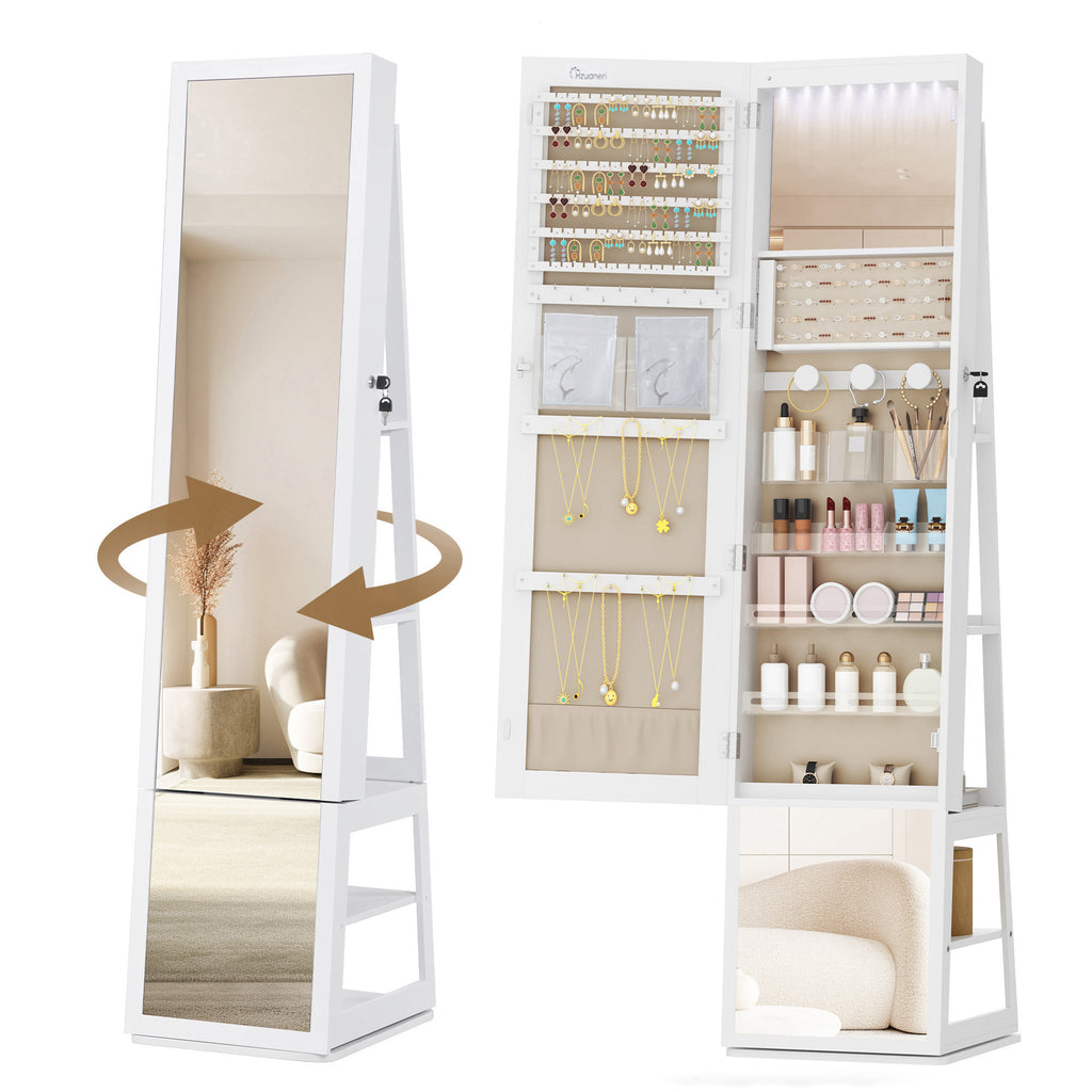 Hzuaneri jewelry cabinets, with 360° rotating base, lockable full-length mirror, large 4-tier storage compartments, 4-in-1 multifunctional, white and beige JC16003BE