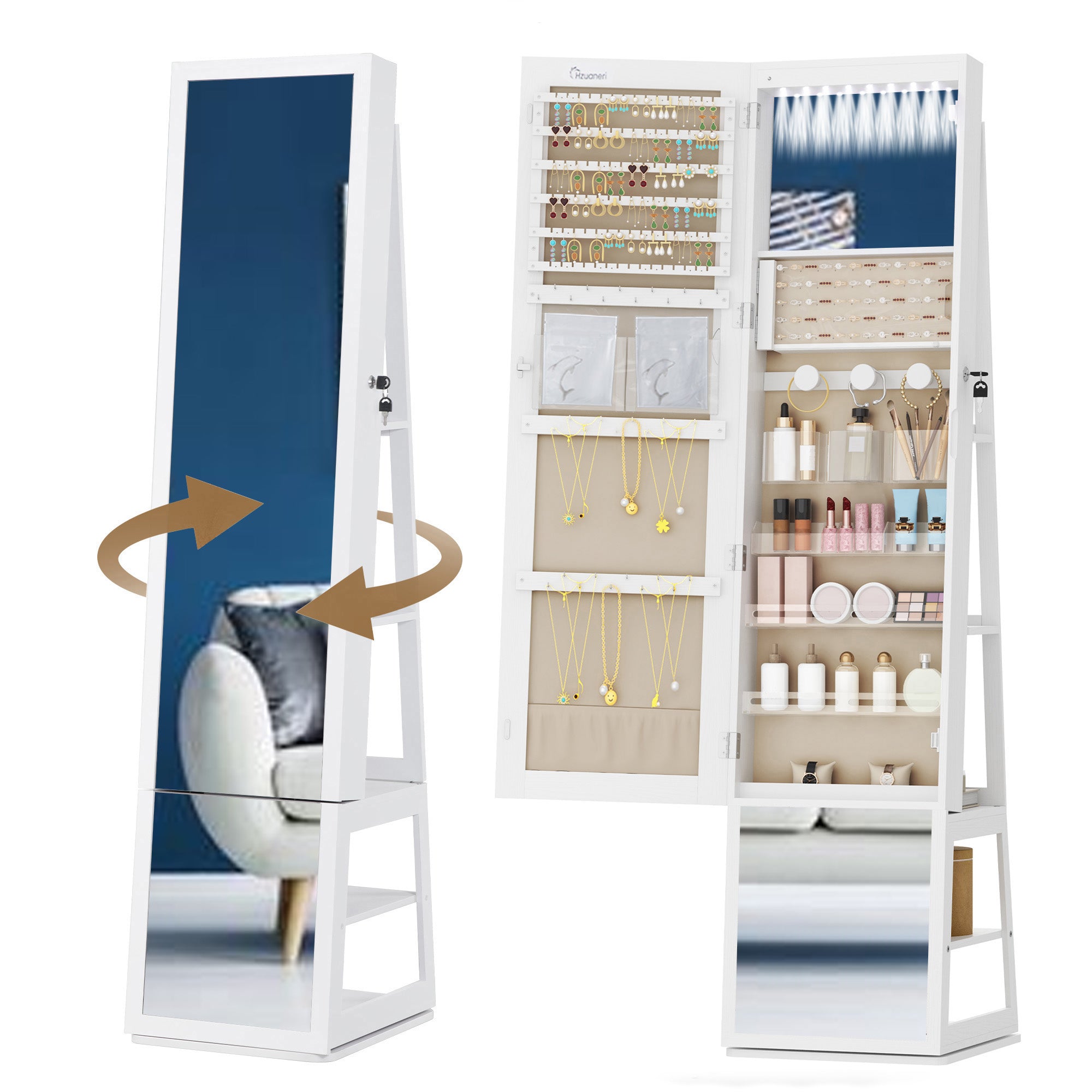 Hzuaneri jewelry cabinets, with 360° rotating base, lockable full-length mirror, large 4-tier storage compartments, 4-in-1 multifunctional, white and beige JC16003BE