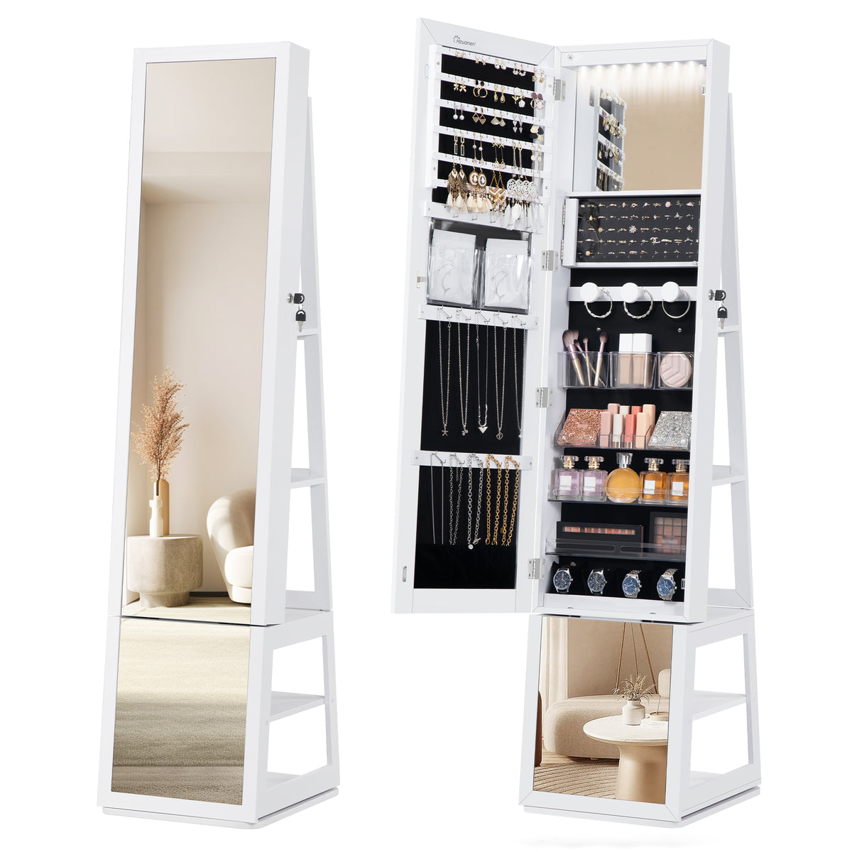 Hzuaneri Jewelry Cabinets, with 360° Rotating Base, Lockable Full-Length Mirror, Jewelry Cabinet with Mirror, Jewelry Storage, Large 4-Tier Shelves, White and Black JC16003B