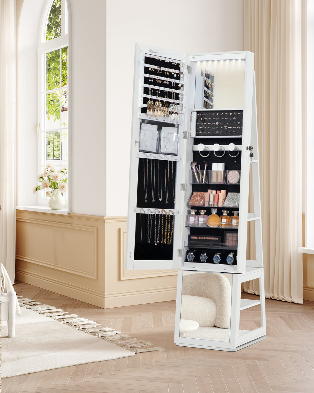 Hzuaneri Jewelry Cabinets, with 360° Rotating Base, Lockable Full-Length Mirror, Jewelry Cabinet with Mirror, Jewelry Storage, Large 4-Tier Shelves, White and Black JC16003B
