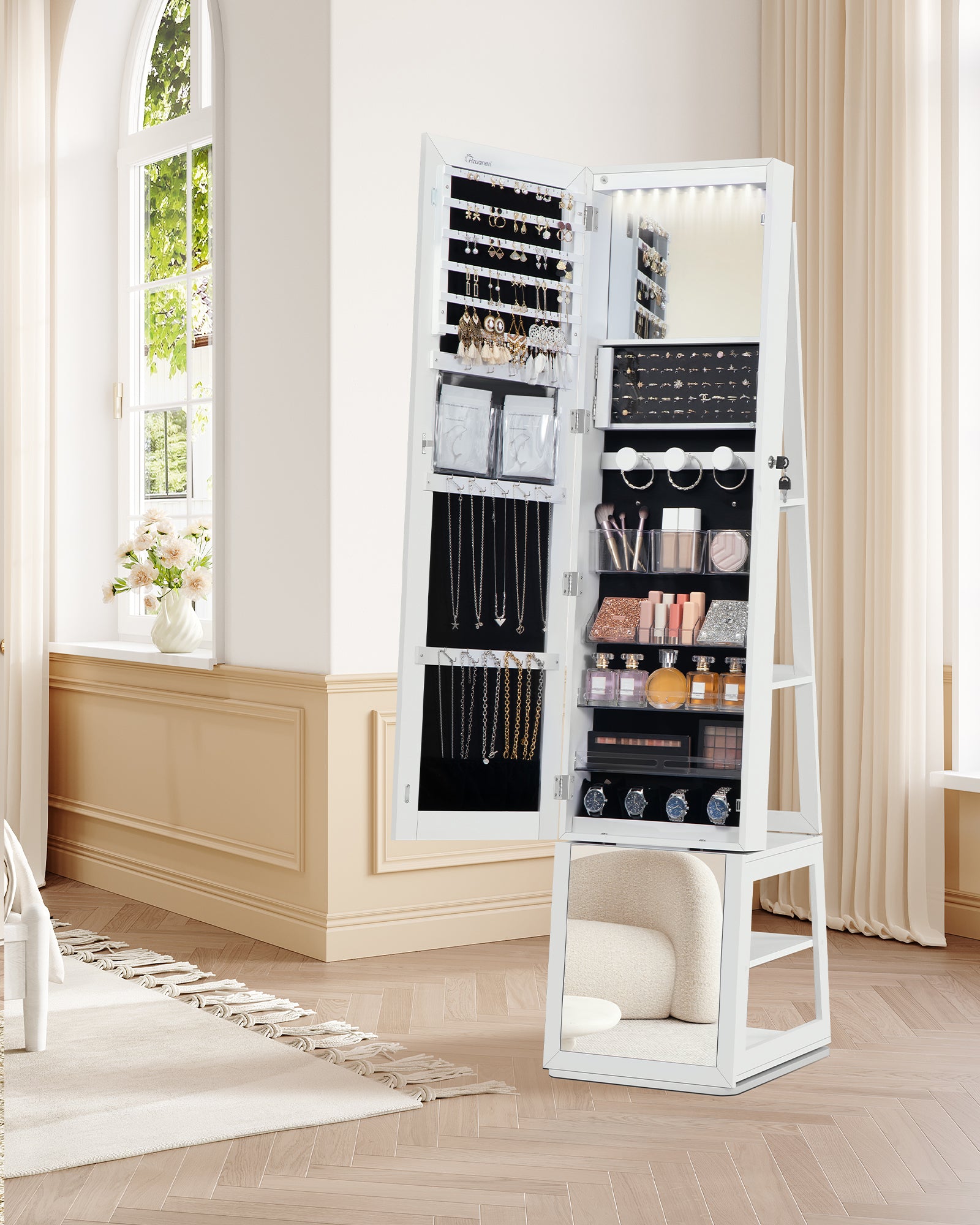Hzuaneri Jewelry Cabinets, with 360° Rotating Base, Lockable Full-Length Mirror, Jewelry Cabinet with Mirror, Jewelry Storage, Large 4-Tier Shelves, White and Black JC16003B