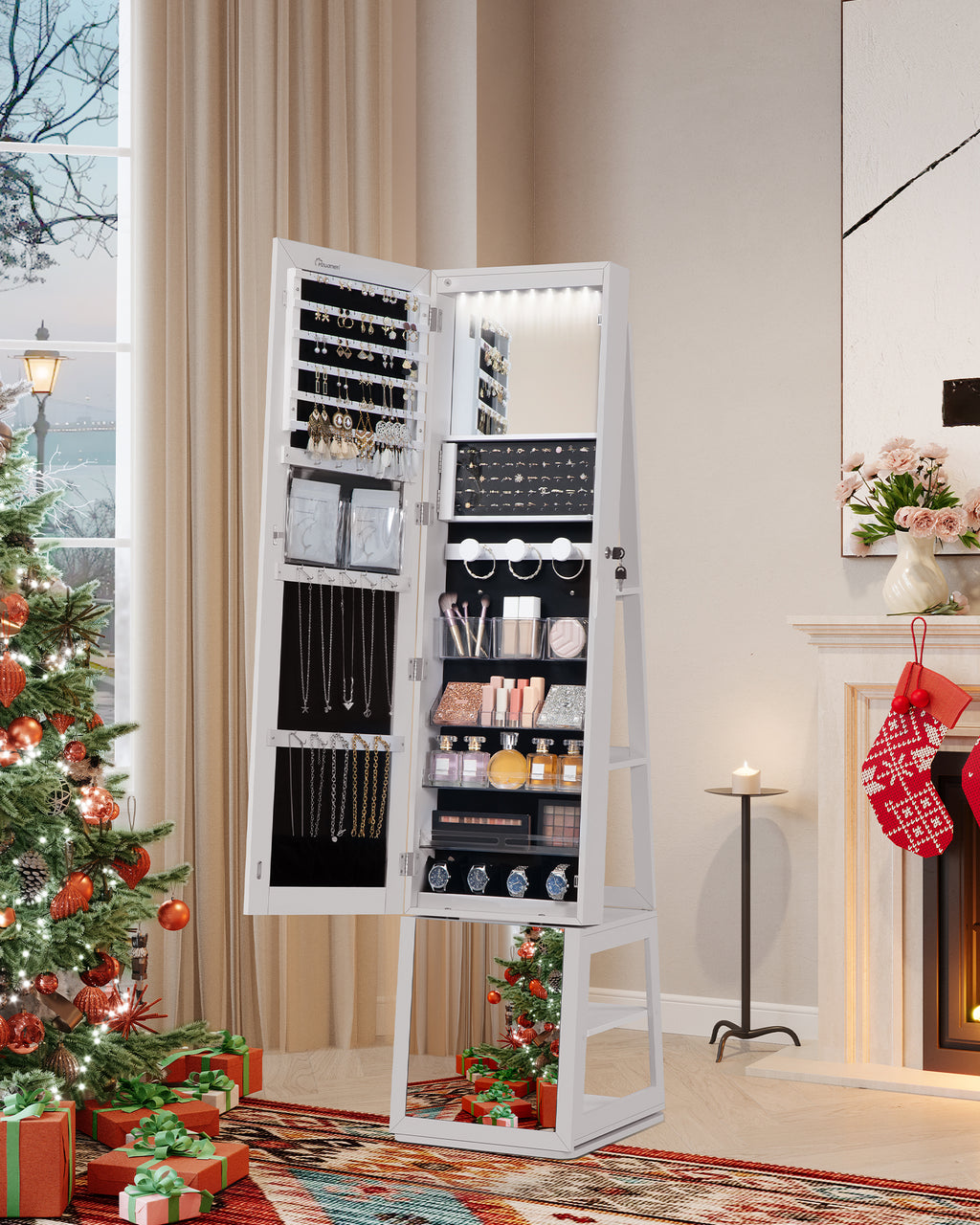 Hzuaneri Jewelry Cabinets, with 360° Rotating Base, Lockable Full-Length Mirror, Jewelry Cabinet with Mirror, Jewelry Storage, Large 4-Tier Shelves, White and Black JC16003B