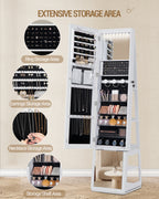 Hzuaneri Jewelry Cabinets, with 360° Rotating Base, Lockable Full-Length Mirror, Jewelry Cabinet with Mirror, Jewelry Storage, Large 4-Tier Shelves, White and Black JC16003B