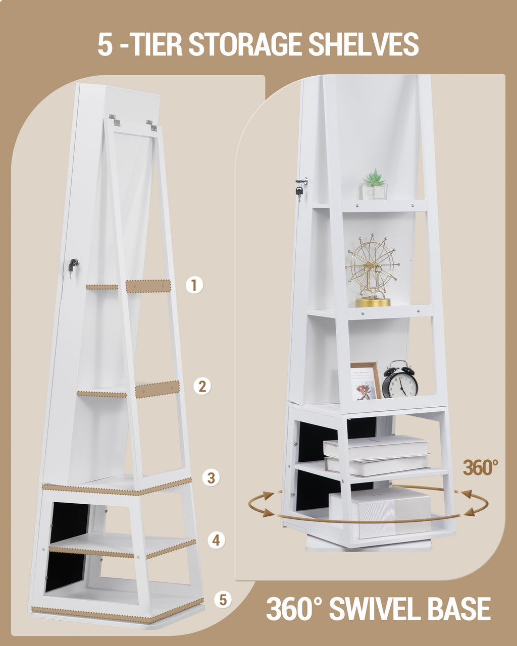 Hzuaneri Jewelry Cabinets, with 360° Rotating Base, Lockable Full-Length Mirror, Jewelry Cabinet with Mirror, Jewelry Storage, Large 4-Tier Shelves, White and Black JC16003B