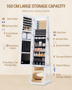Hzuaneri Jewelry Cabinets, with 360° Rotating Base, Lockable Full-Length Mirror, Jewelry Cabinet with Mirror, Jewelry Storage, Large 4-Tier Shelves, White and Black JC16003B