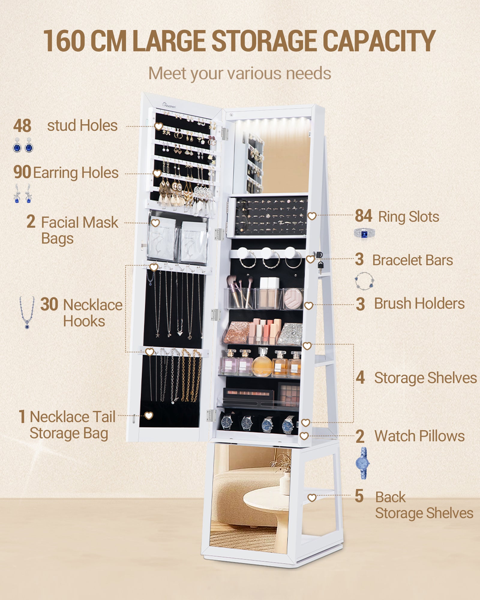 Hzuaneri Jewelry Cabinets, with 360° Rotating Base, Lockable Full-Length Mirror, Jewelry Cabinet with Mirror, Jewelry Storage, Large 4-Tier Shelves, White and Black JC16003B