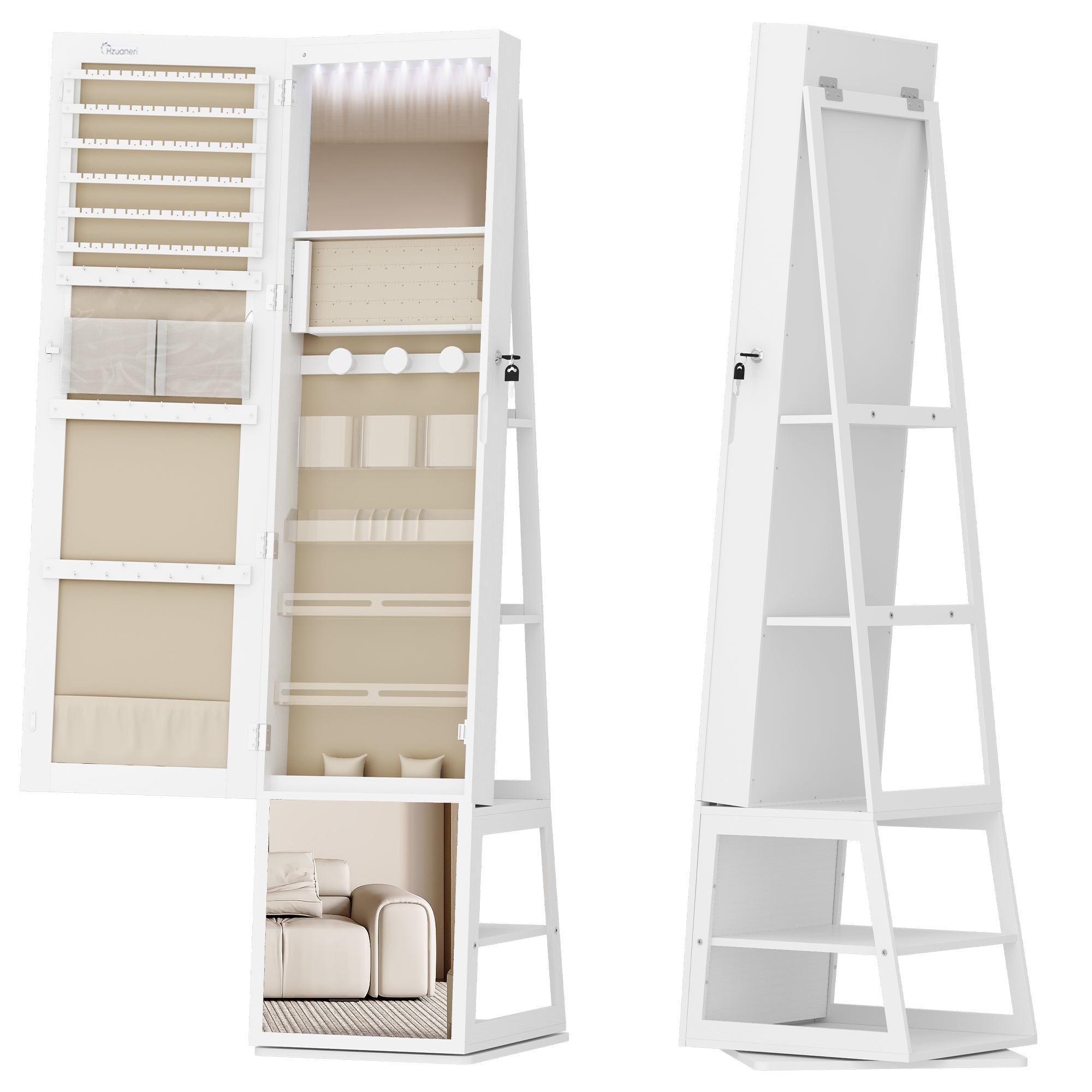 Hzuaneri jewelry cabinets, with 360° rotating base, lockable full-length mirror, large 4-tier storage compartments, 4-in-1 multifunctional, white and beige JC16003BE
