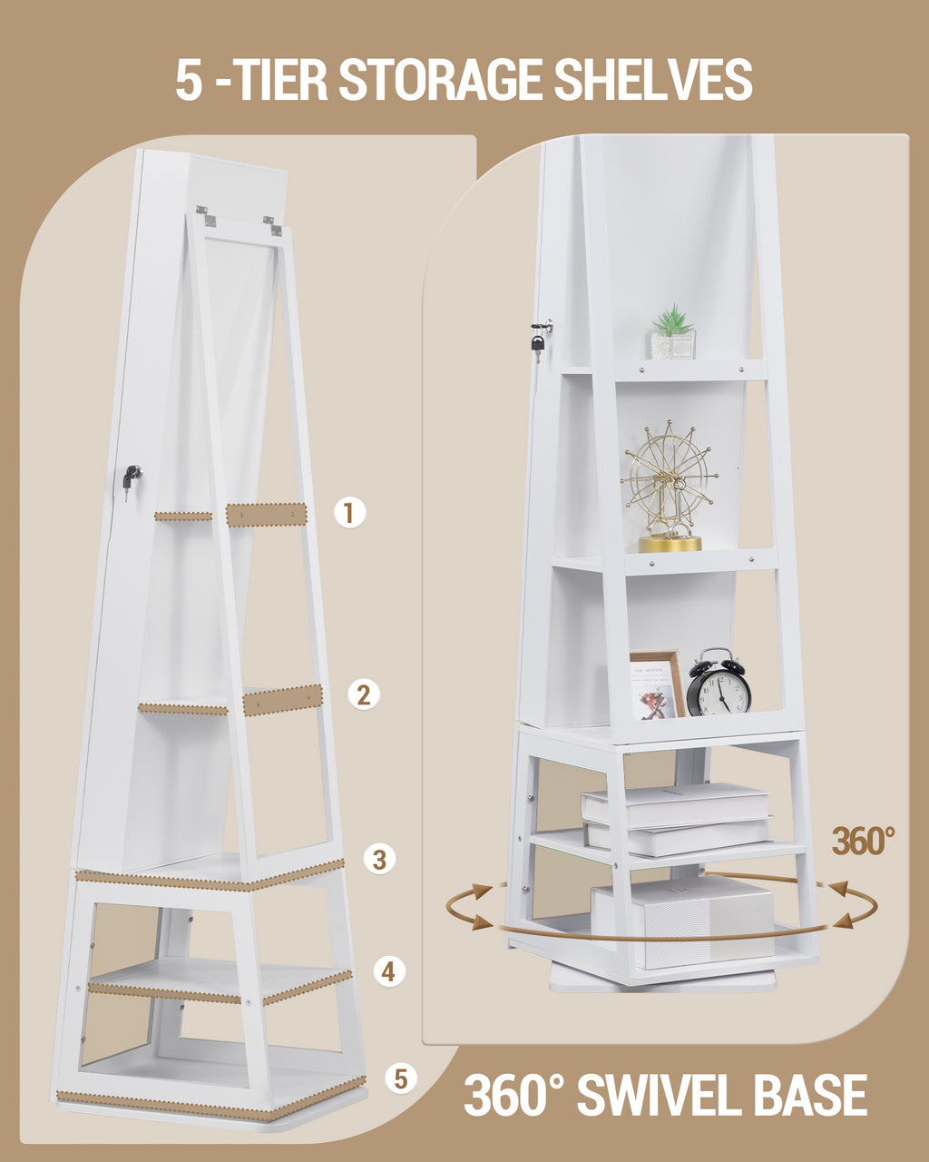 Hzuaneri jewelry cabinets, with 360° rotating base, lockable full-length mirror, large 4-tier storage compartments, 4-in-1 multifunctional, white and beige JC16003BE