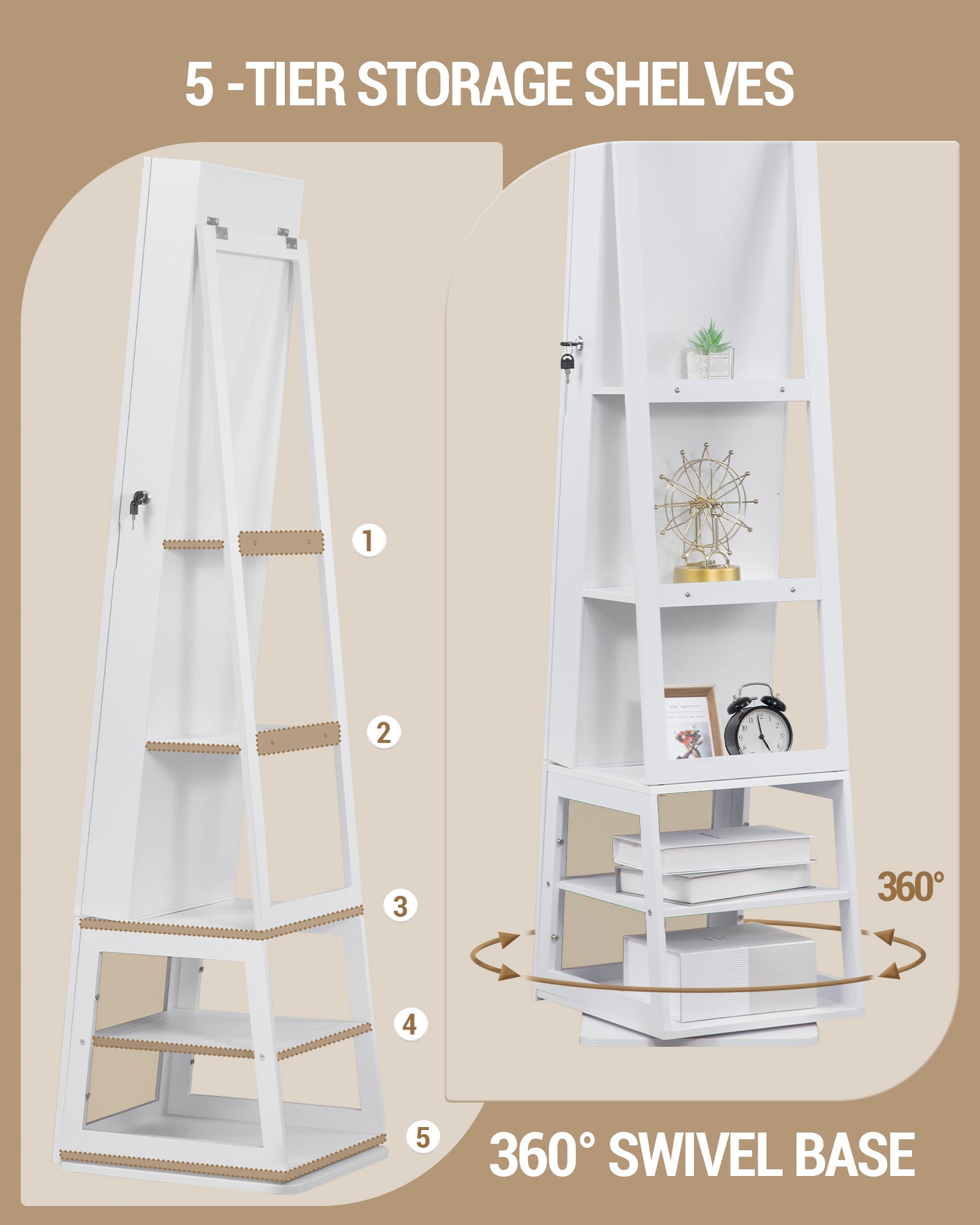 Hzuaneri jewelry cabinets, with 360° rotating base, lockable full-length mirror, large 4-tier storage compartments, 4-in-1 multifunctional, white and beige JC16003BE