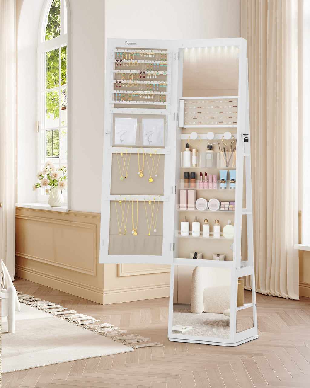 Hzuaneri jewelry cabinets, with 360° rotating base, lockable full-length mirror, large 4-tier storage compartments, 4-in-1 multifunctional, white and beige JC16003BE