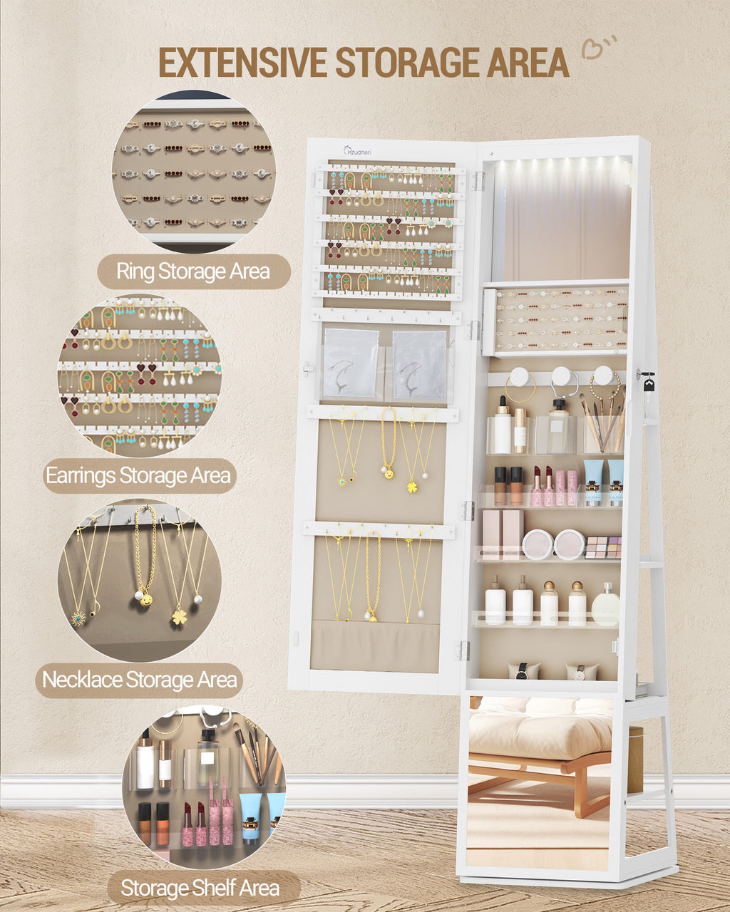 Hzuaneri jewelry cabinets, with 360° rotating base, lockable full-length mirror, large 4-tier storage compartments, 4-in-1 multifunctional, white and beige JC16003BE