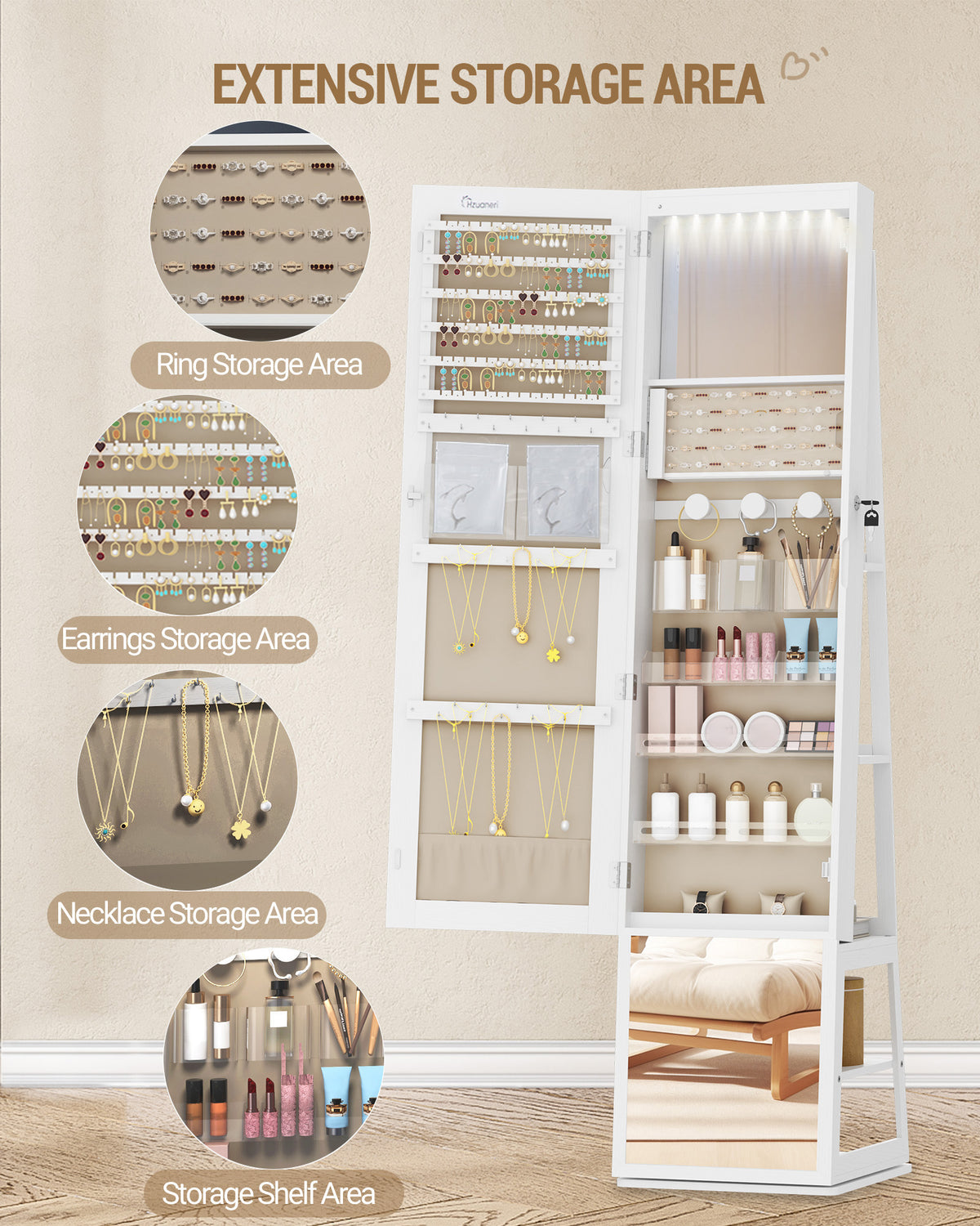 Hzuaneri jewelry cabinets, with 360° rotating base, lockable full-length mirror, large 4-tier storage compartments, 4-in-1 multifunctional, white and beige JC16003BE