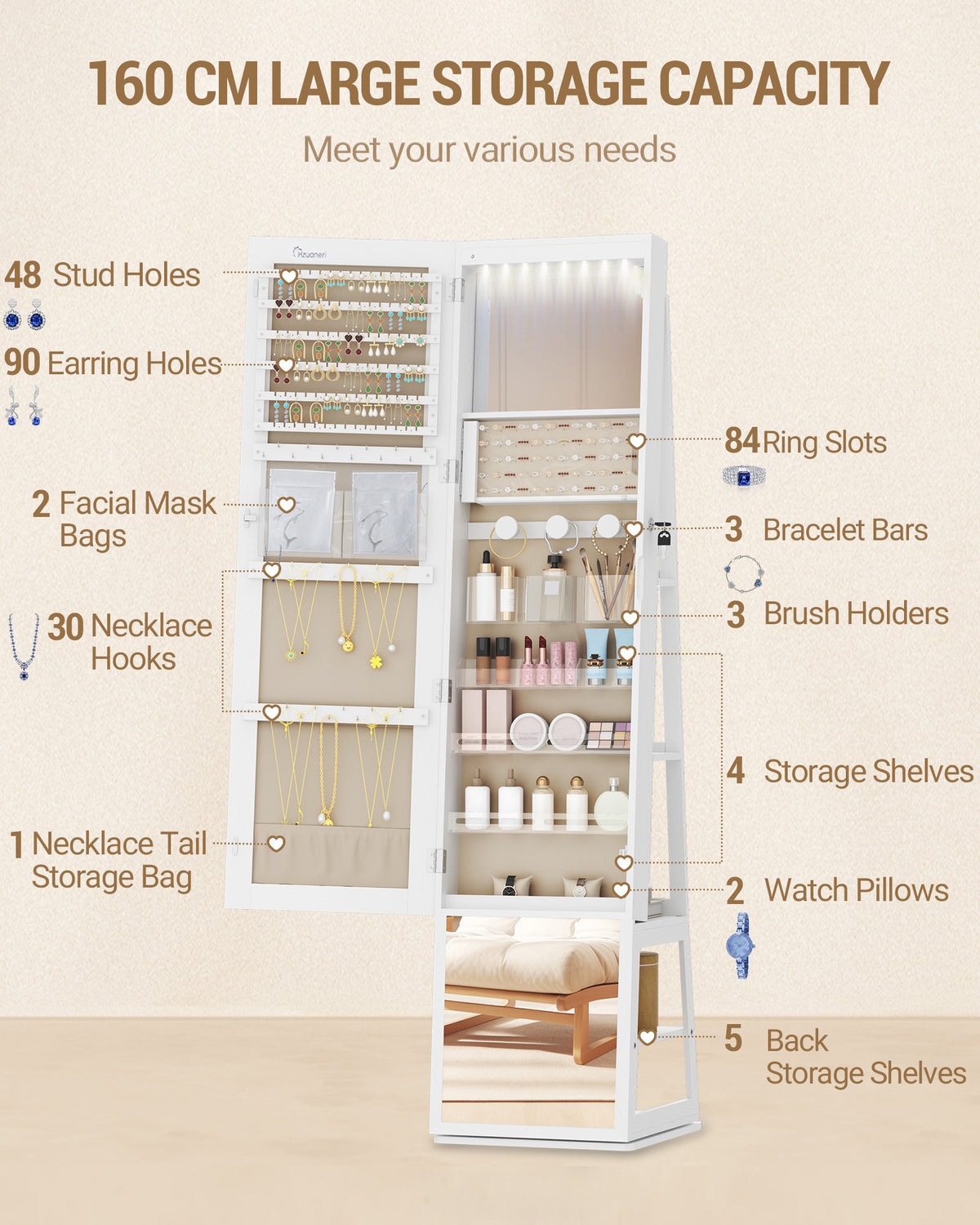 Hzuaneri jewelry cabinets, with 360° rotating base, lockable full-length mirror, large 4-tier storage compartments, 4-in-1 multifunctional, white and beige JC16003BE