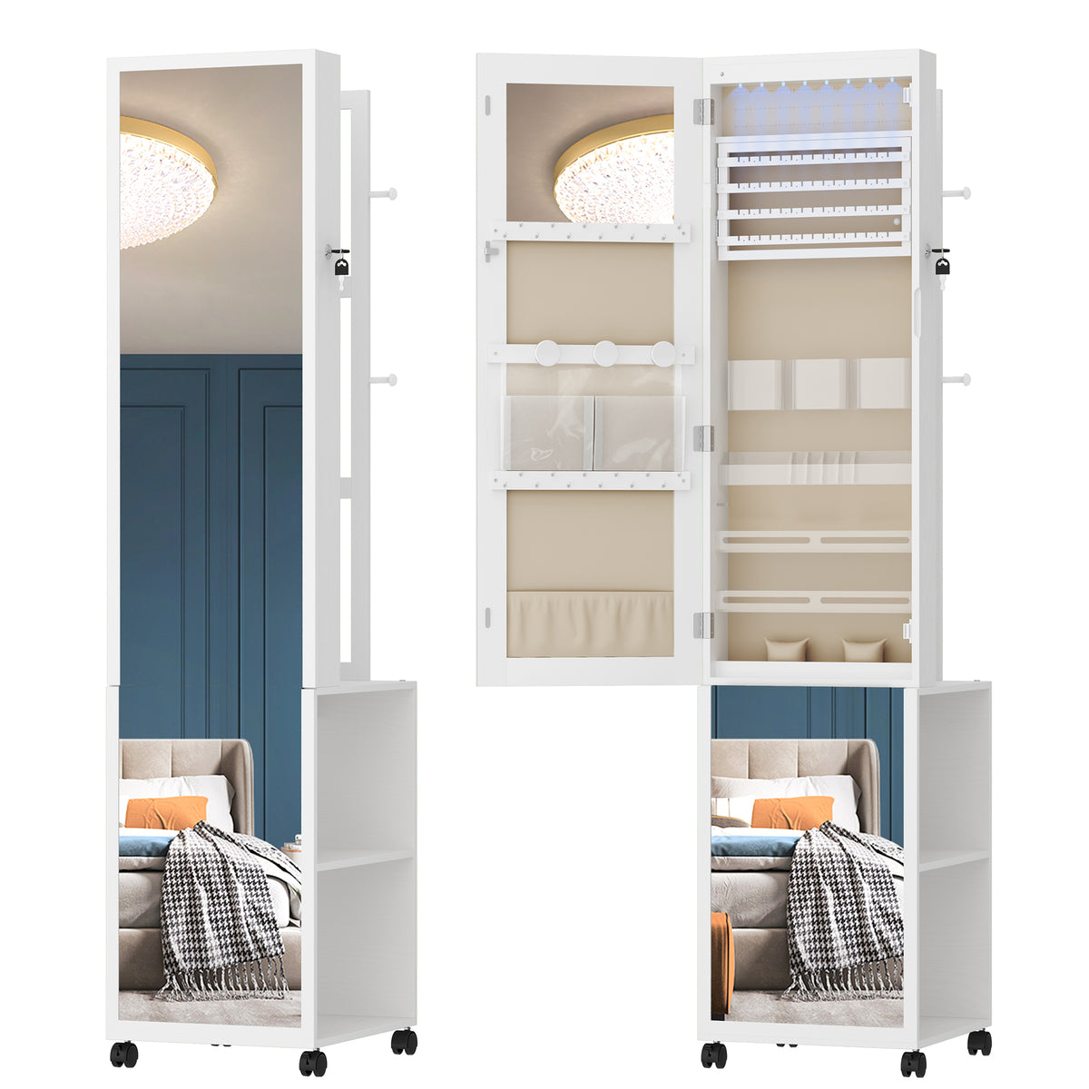 Hzuaneri Jewelry Cabinet, Mirrored Cabinet, Standing Jewelry Organizer with 1 Clothes Rack, 3-Tier Shelves with 4 Clothes Hooks, White and Beige JC17003BE