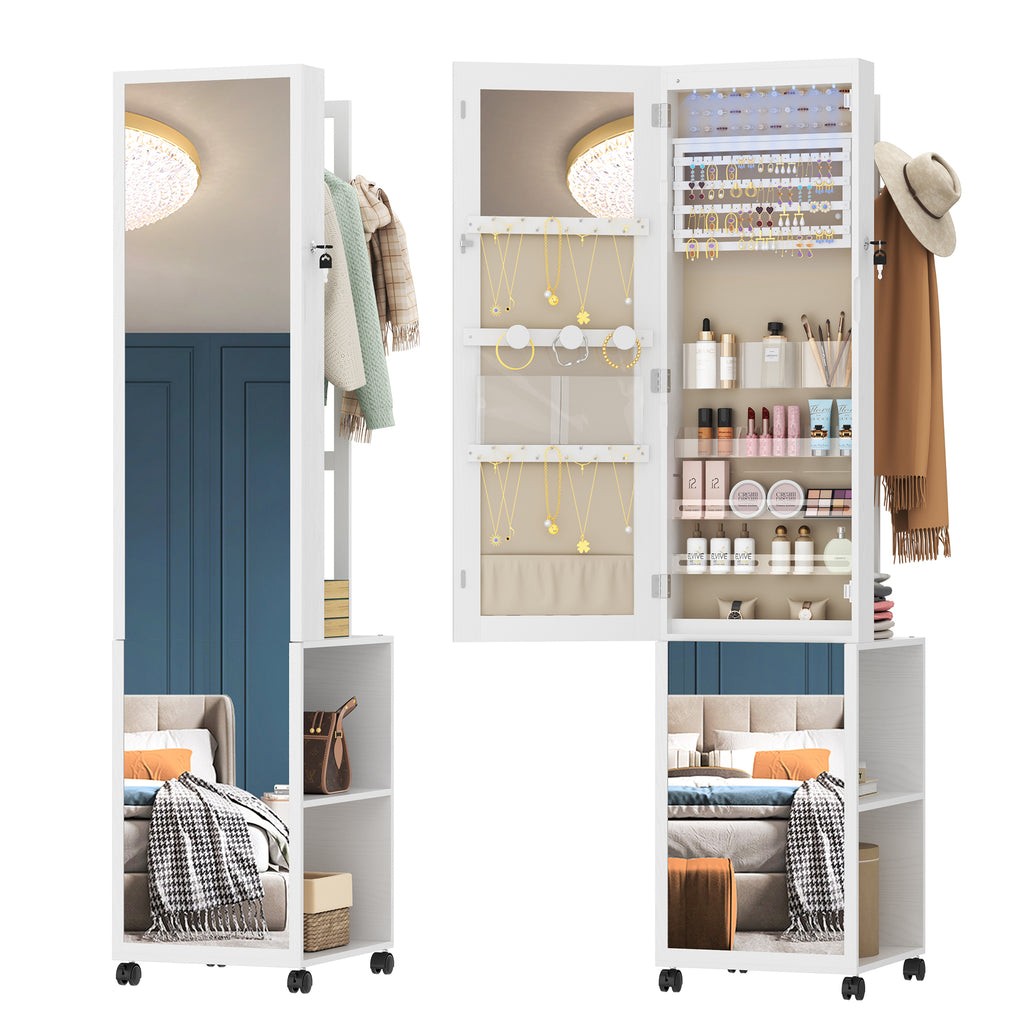 Hzuaneri Jewelry Cabinet, Mirrored Cabinet, Standing Jewelry Organizer with 1 Clothes Rack, 3-Tier Shelves with 4 Clothes Hooks, White and Beige JC17003BE