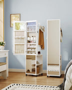 Hzuaneri Jewelry Cabinet, Mirrored Cabinet, Standing Jewelry Organizer with 1 Clothes Rack, 3-Tier Shelves with 4 Clothes Hooks, White and Beige JC17003BE