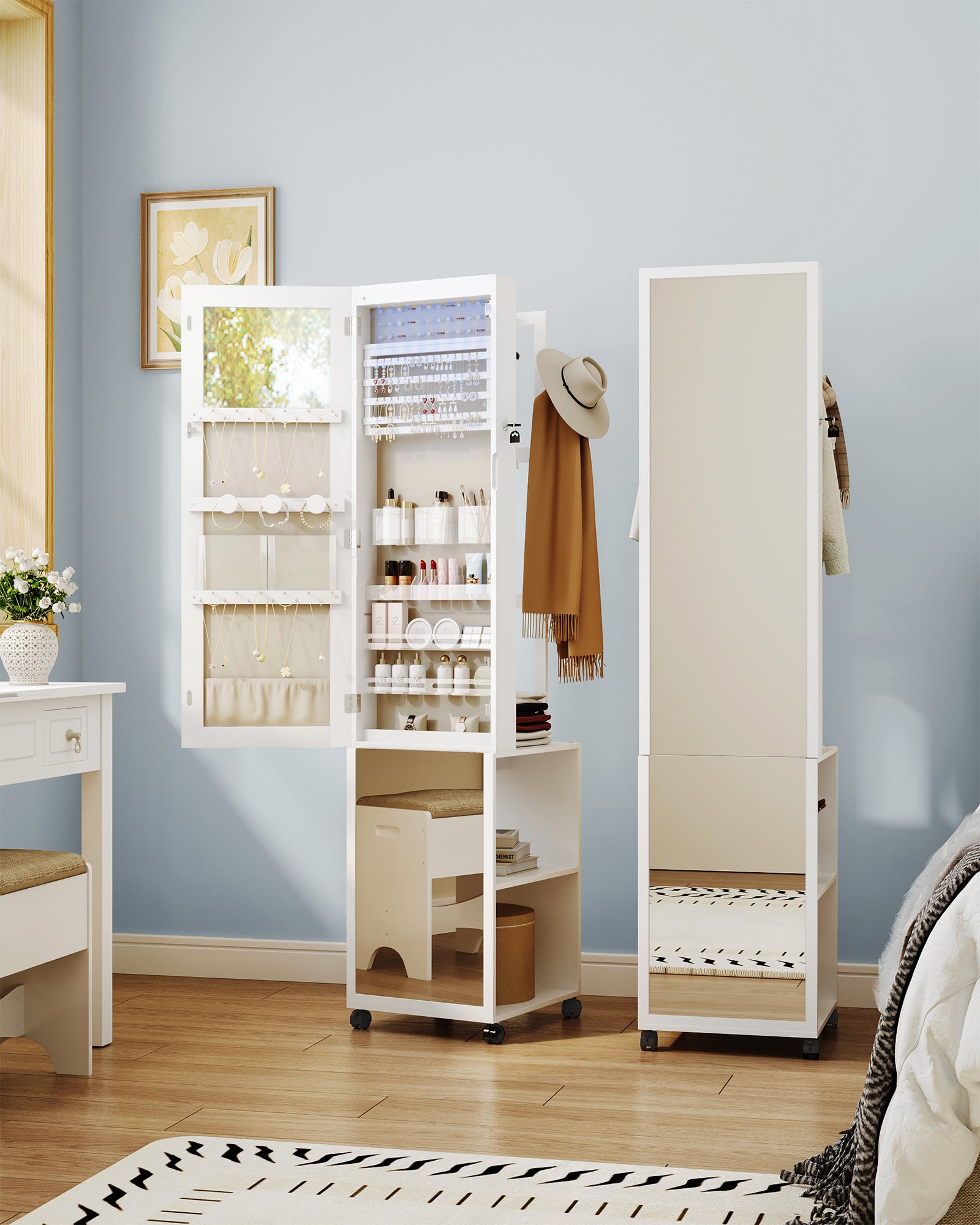 Hzuaneri Jewelry Cabinet, Mirrored Cabinet, Standing Jewelry Organizer with 1 Clothes Rack, 3-Tier Shelves with 4 Clothes Hooks, White and Beige JC17003BE