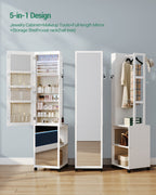 Hzuaneri Jewelry Cabinet, Mirrored Cabinet, Standing Jewelry Organizer with 1 Clothes Rack, 3-Tier Shelves with 4 Clothes Hooks, White and Beige JC17003BE