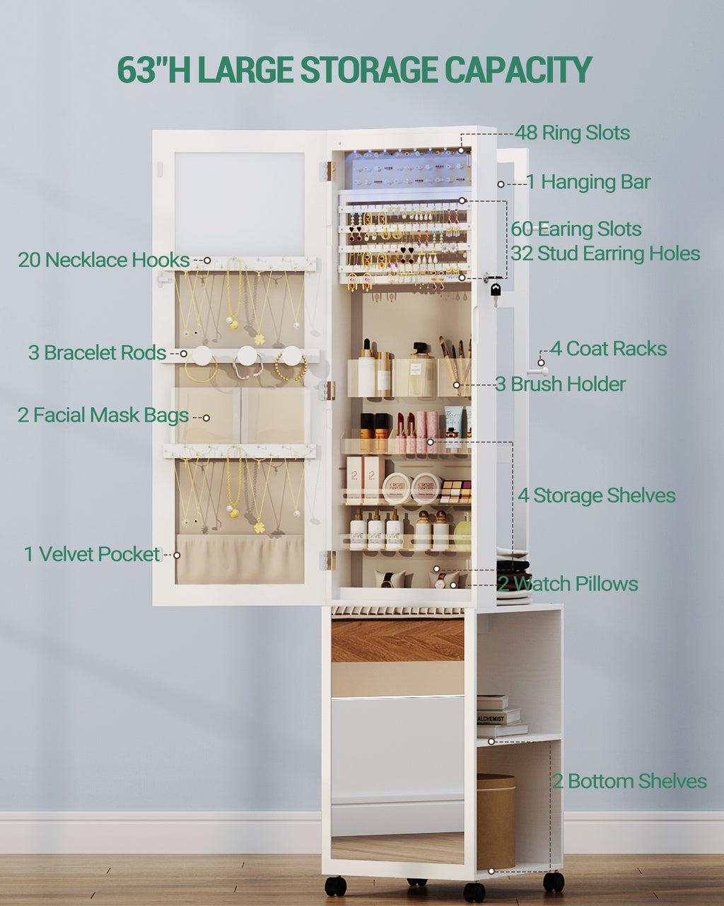 Hzuaneri Jewelry Cabinet, Mirrored Cabinet, Standing Jewelry Organizer with 1 Clothes Rack, 3-Tier Shelves with 4 Clothes Hooks, White and Beige JC17003BE