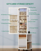 Hzuaneri Jewelry Cabinet, Mirrored Cabinet, Standing Jewelry Organizer with 1 Clothes Rack, 3-Tier Shelves with 4 Clothes Hooks, White and Beige JC17003BE