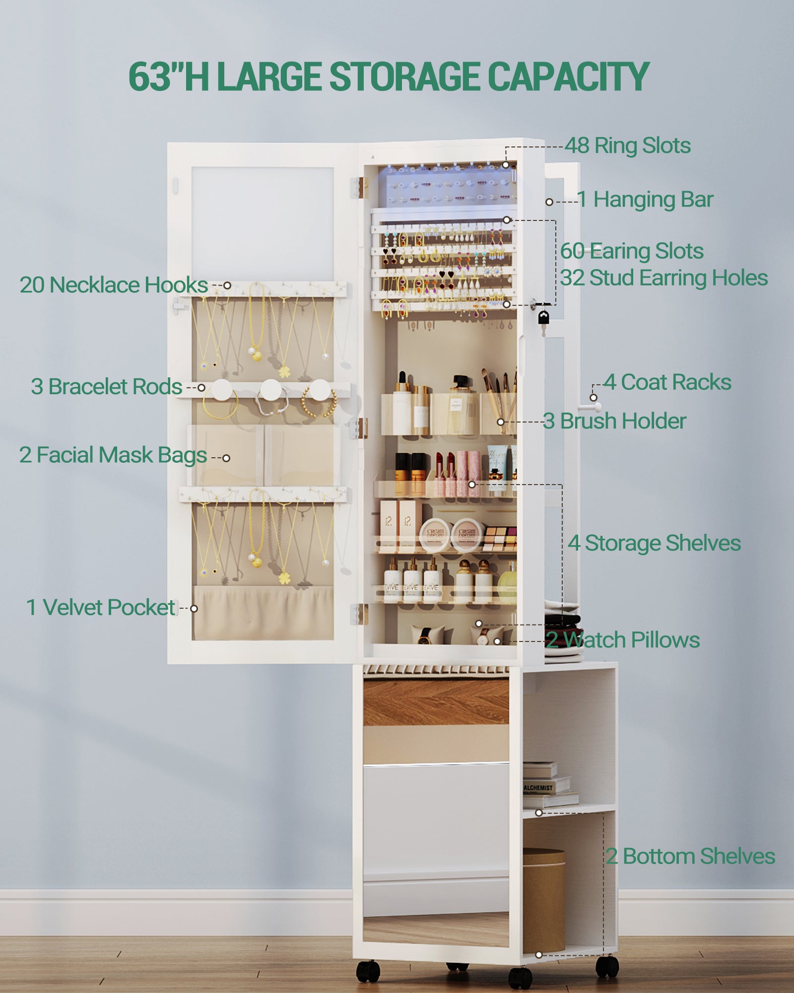 Hzuaneri Jewelry Cabinet, Mirrored Cabinet, Standing Jewelry Organizer with 1 Clothes Rack, 3-Tier Shelves with 4 Clothes Hooks, White and Beige JC17003BE