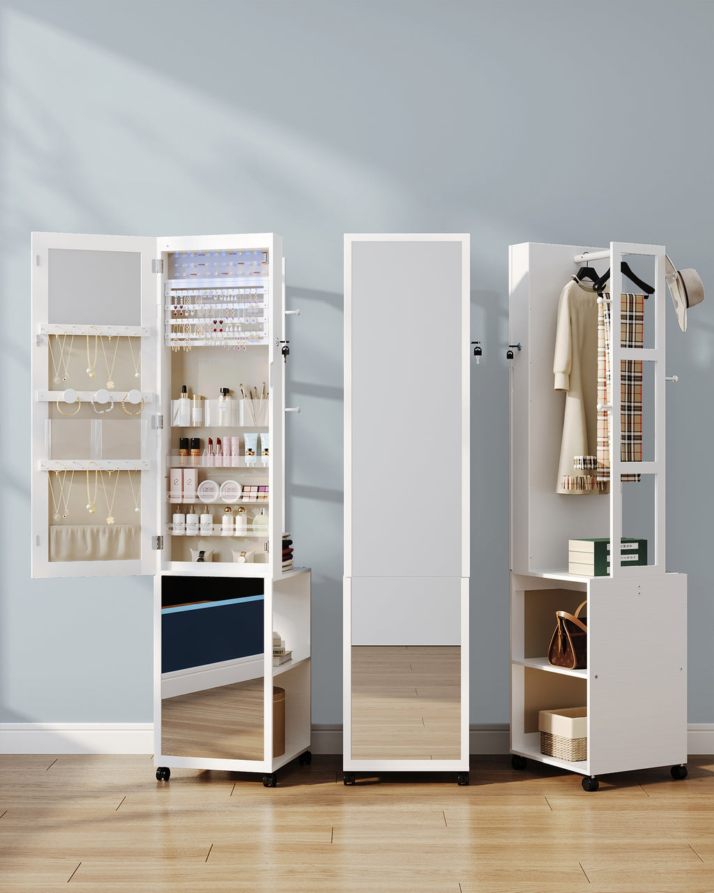 Hzuaneri Jewelry Cabinet, Mirrored Cabinet, Standing Jewelry Organizer with 1 Clothes Rack, 3-Tier Shelves with 4 Clothes Hooks, White and Beige JC17003BE