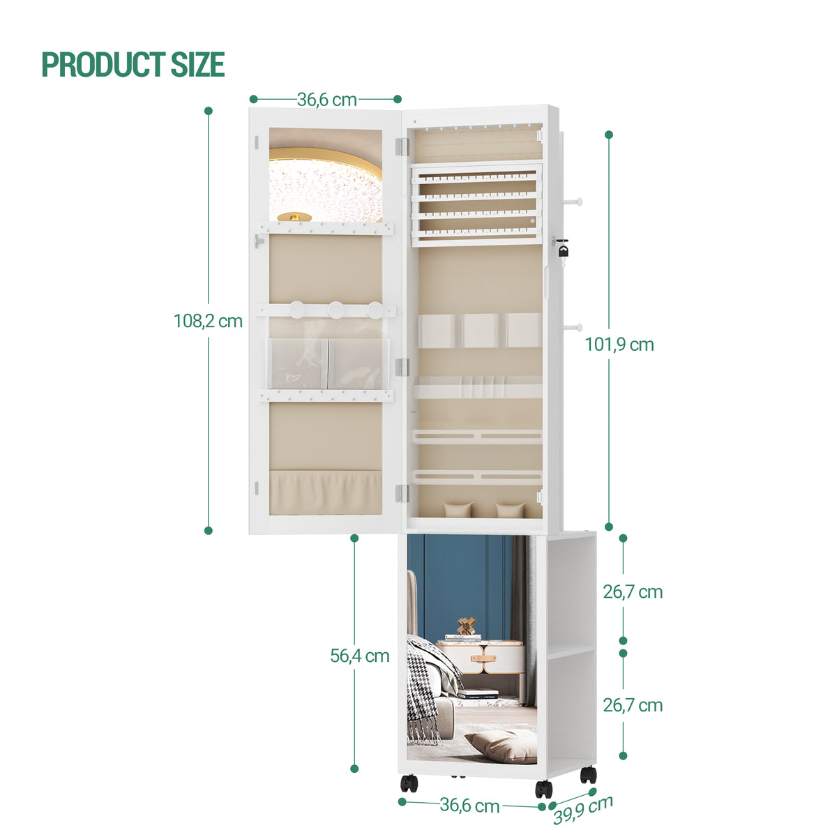Hzuaneri Jewelry Cabinet, Mirrored Cabinet, Standing Jewelry Organizer with 1 Clothes Rack, 3-Tier Shelves with 4 Clothes Hooks, White and Beige JC17003BE