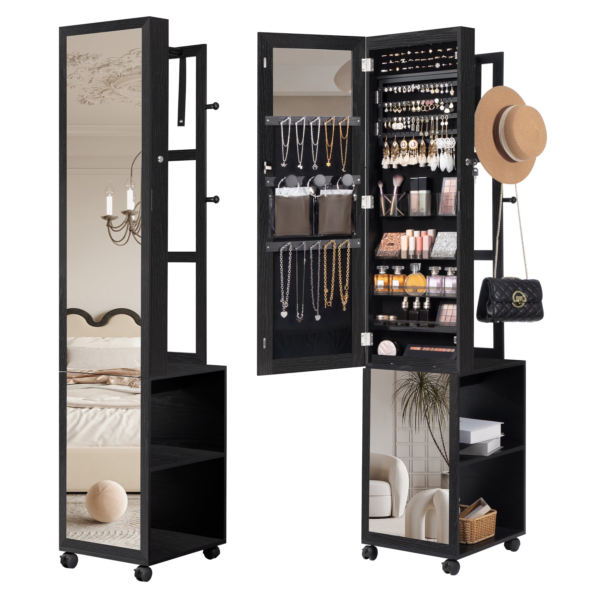 Hzuaneri Jewelry Cabinet, Mirrored Cabinet, Standing Jewelry Organizer with 1 Clothes Rack, 3-Tier Shelves with 4 Clothes Hooks, Black JC17004B