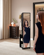 Hzuaneri Jewelry Cabinet, Mirrored Cabinet, Standing Jewelry Organizer with 1 Clothes Rack, 3-Tier Shelves with 4 Clothes Hooks, Black JC17004B