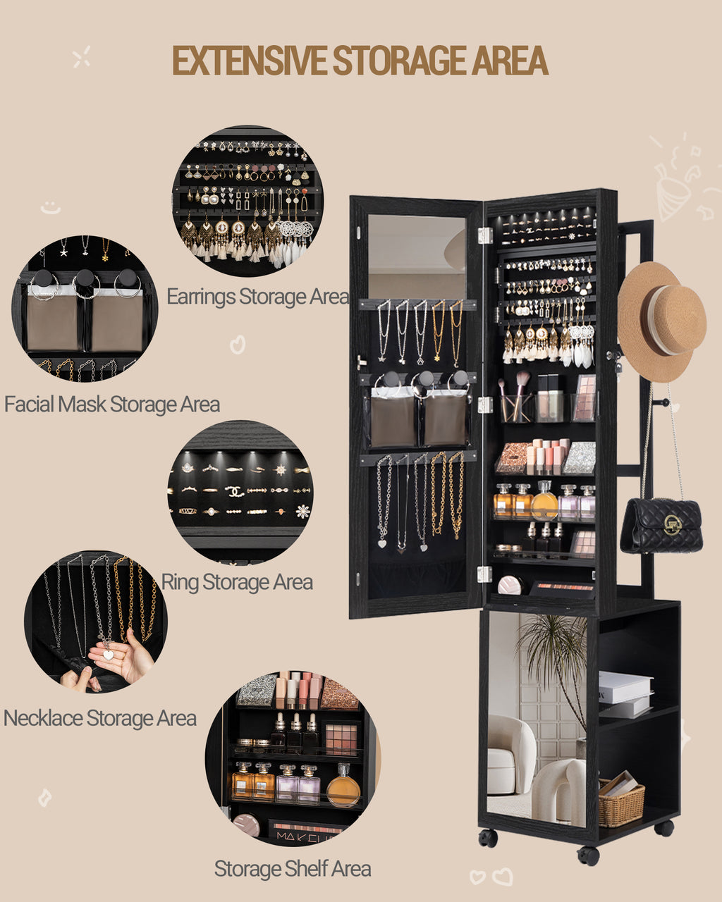 Hzuaneri Jewelry Cabinet, Mirrored Cabinet, Standing Jewelry Organizer with 1 Clothes Rack, 3-Tier Shelves with 4 Clothes Hooks, Black JC17004B