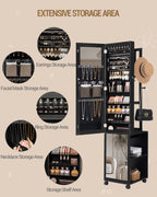 Hzuaneri Jewelry Cabinet, Mirrored Cabinet, Standing Jewelry Organizer with 1 Clothes Rack, 3-Tier Shelves with 4 Clothes Hooks, Black JC17004B