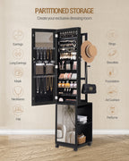 Hzuaneri Jewelry Cabinet, Mirrored Cabinet, Standing Jewelry Organizer with 1 Clothes Rack, 3-Tier Shelves with 4 Clothes Hooks, Black JC17004B