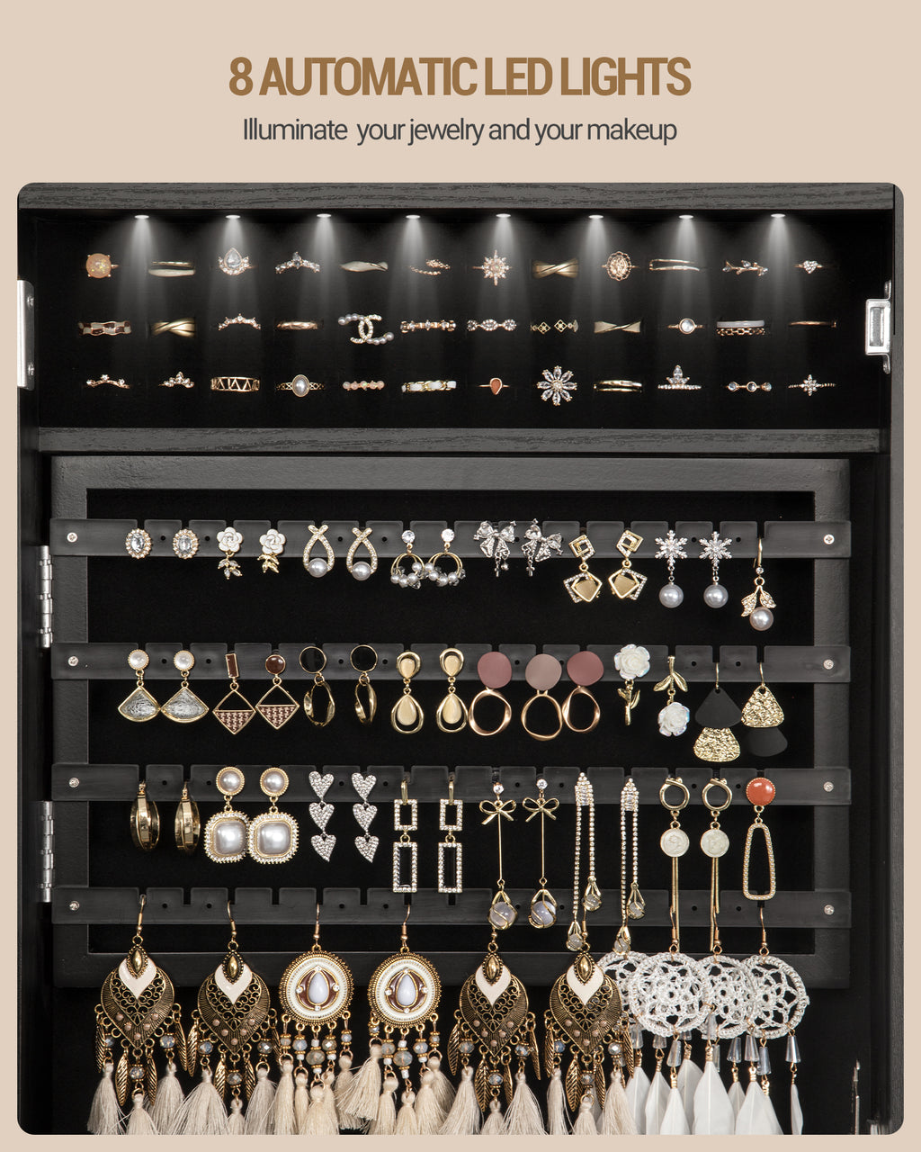 Hzuaneri Jewelry Cabinet, Mirrored Cabinet, Standing Jewelry Organizer with 1 Clothes Rack, 3-Tier Shelves with 4 Clothes Hooks, Black JC17004B