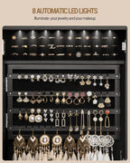 Hzuaneri Jewelry Cabinet, Mirrored Cabinet, Standing Jewelry Organizer with 1 Clothes Rack, 3-Tier Shelves with 4 Clothes Hooks, Black JC17004B