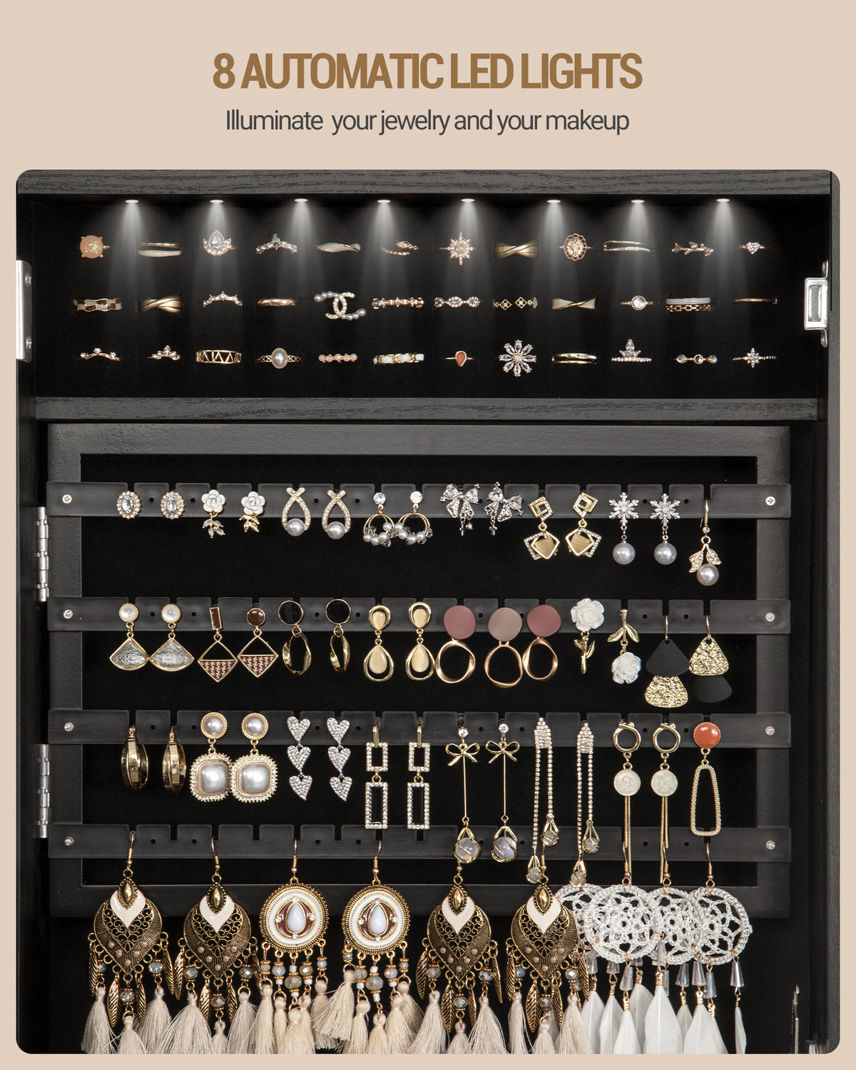 Hzuaneri Jewelry Cabinet, Mirrored Cabinet, Standing Jewelry Organizer with 1 Clothes Rack, 3-Tier Shelves with 4 Clothes Hooks, Black JC17004B