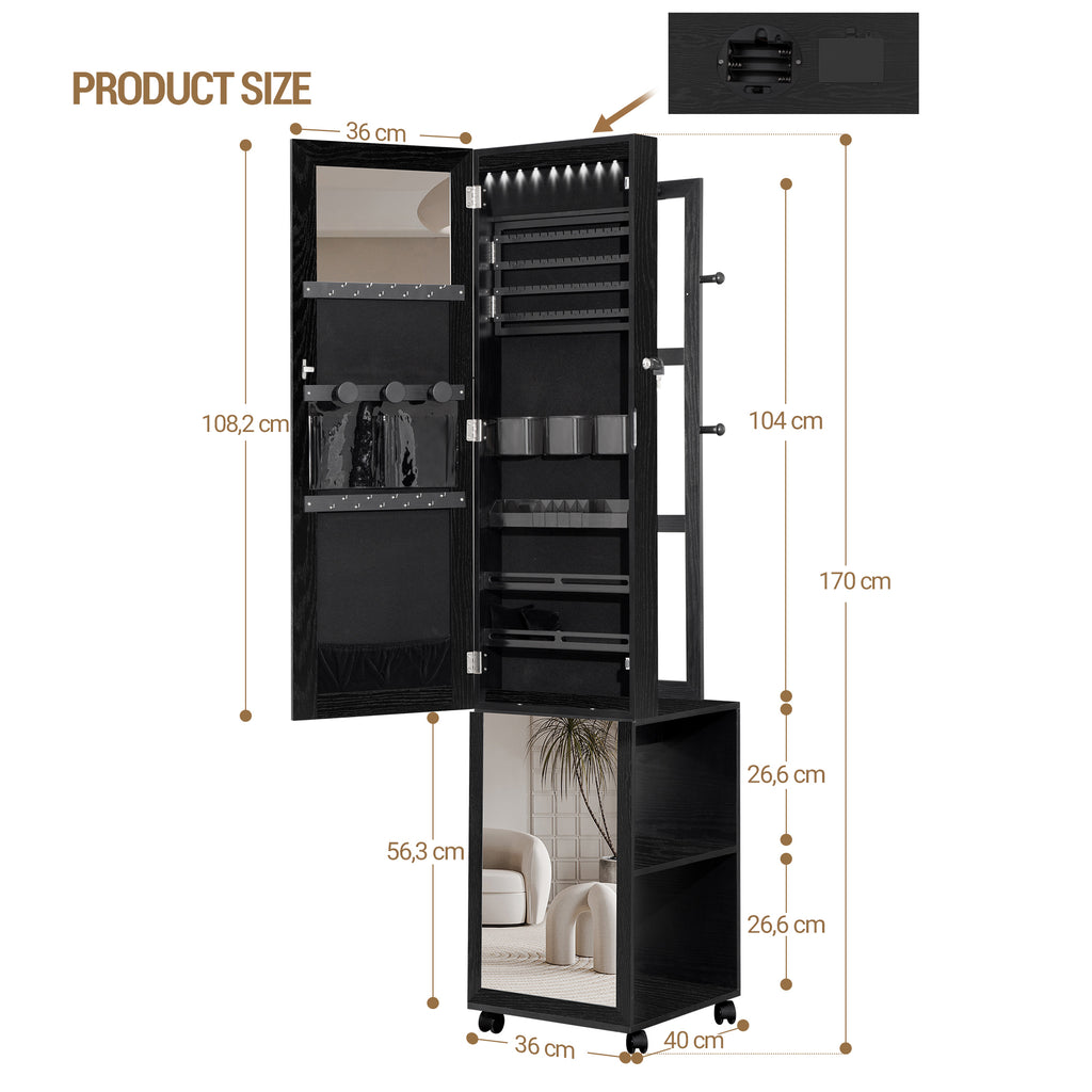 Hzuaneri Jewelry Cabinet, Mirrored Cabinet, Standing Jewelry Organizer with 1 Clothes Rack, 3-Tier Shelves with 4 Clothes Hooks, Black JC17004B