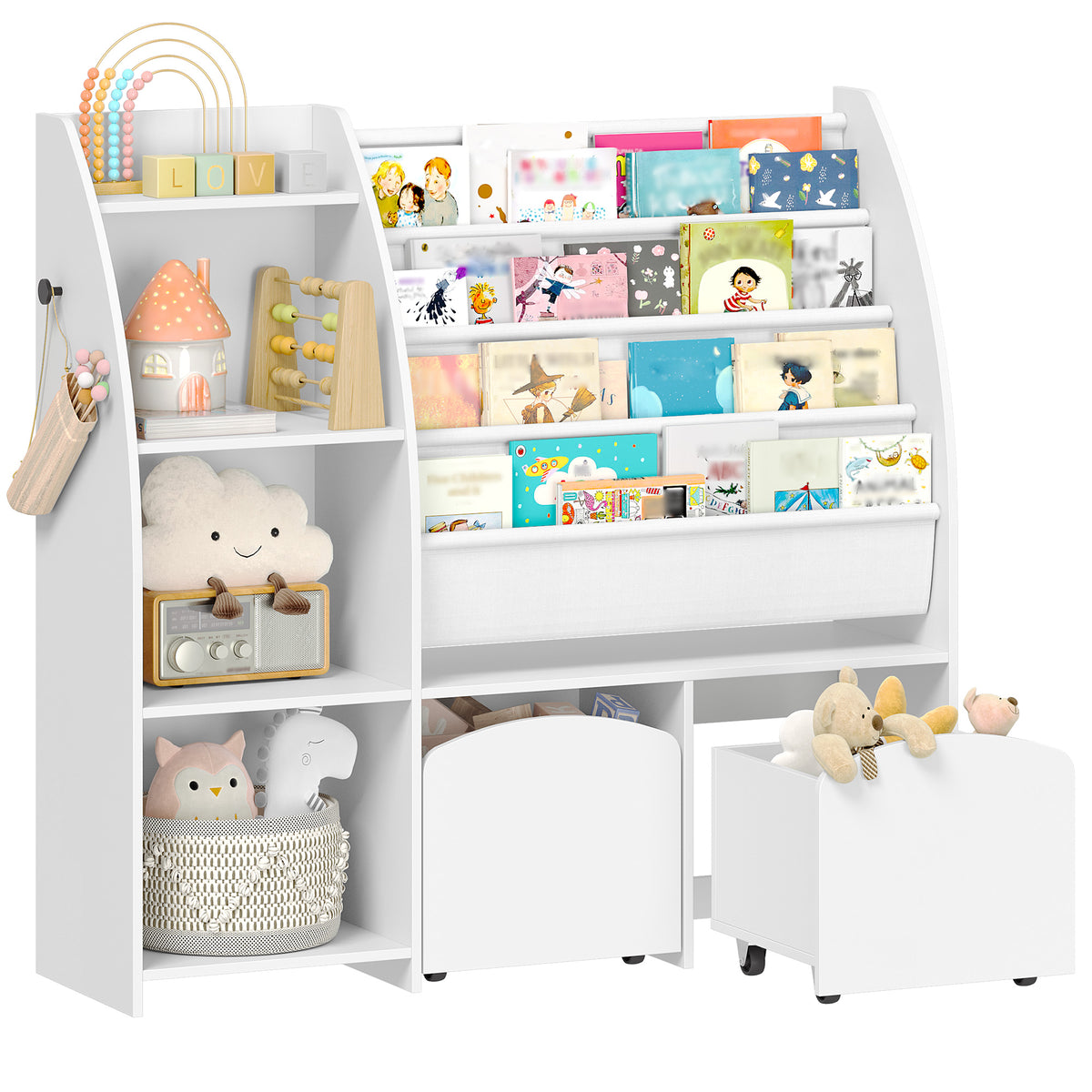 Hzuaneri Children's Shelf with Newspaper Rack, Children's Bookshelf with 2 Columns, 4 Shelves, Toy Shelf, Children's Storage Box, for Children's Room, Living Room 30 x 105 x 100 cm, White KB12003W