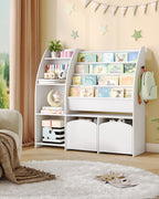 Hzuaneri Children's Shelf with Newspaper Rack, Children's Bookshelf with 2 Columns, 4 Shelves, Toy Shelf, Children's Storage Box, for Children's Room, Living Room 30 x 105 x 100 cm, White KB12003W