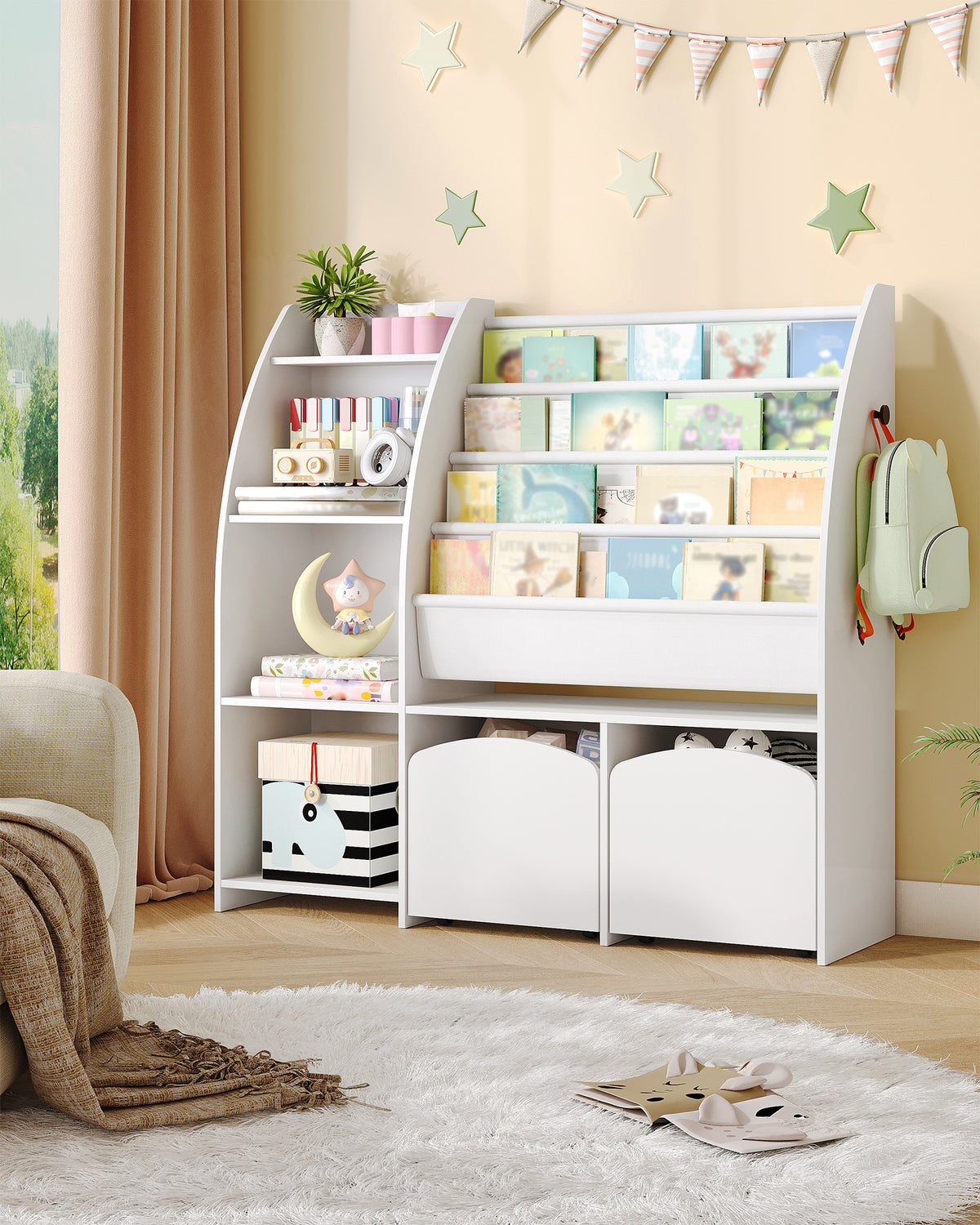 Hzuaneri Children's Shelf with Newspaper Rack, Children's Bookshelf with 2 Columns, 4 Shelves, Toy Shelf, Children's Storage Box, for Children's Room, Living Room 30 x 105 x 100 cm, White KB12003W